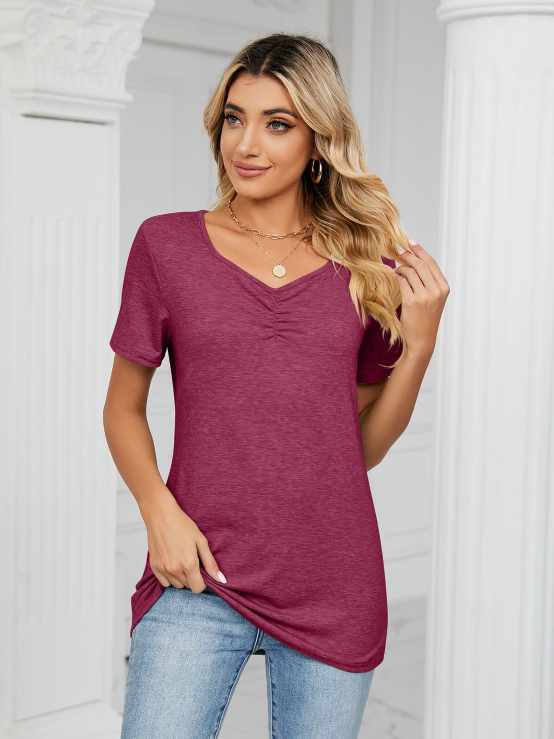 Ruched V-Neck Short Sleeve T-Shirt