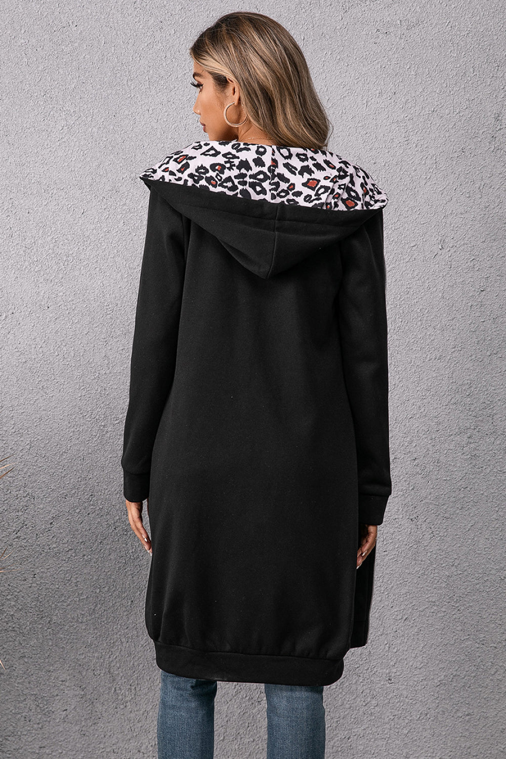 Ivy Lane Leopard Spliced Drawstring Zip Up Hoodie Dress