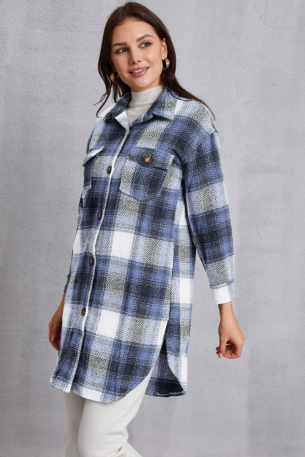 MeiMei Plaid Button Up Dropped Shoulder Coat with Pockets