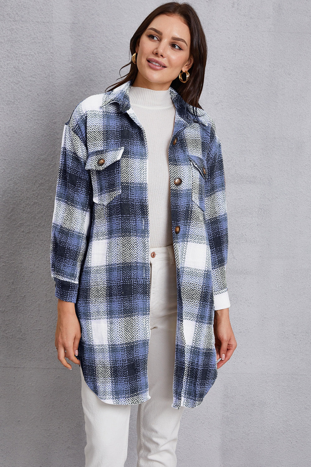 MeiMei Plaid Button Up Dropped Shoulder Coat with Pockets