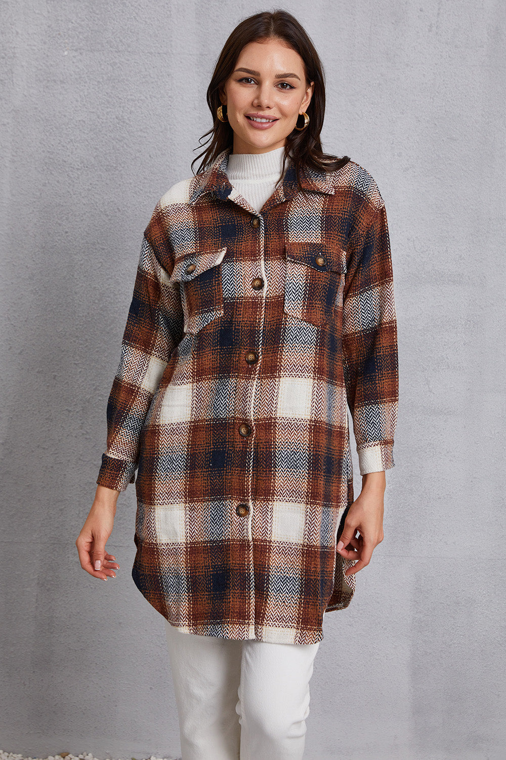 MeiMei Plaid Button Up Dropped Shoulder Coat with Pockets