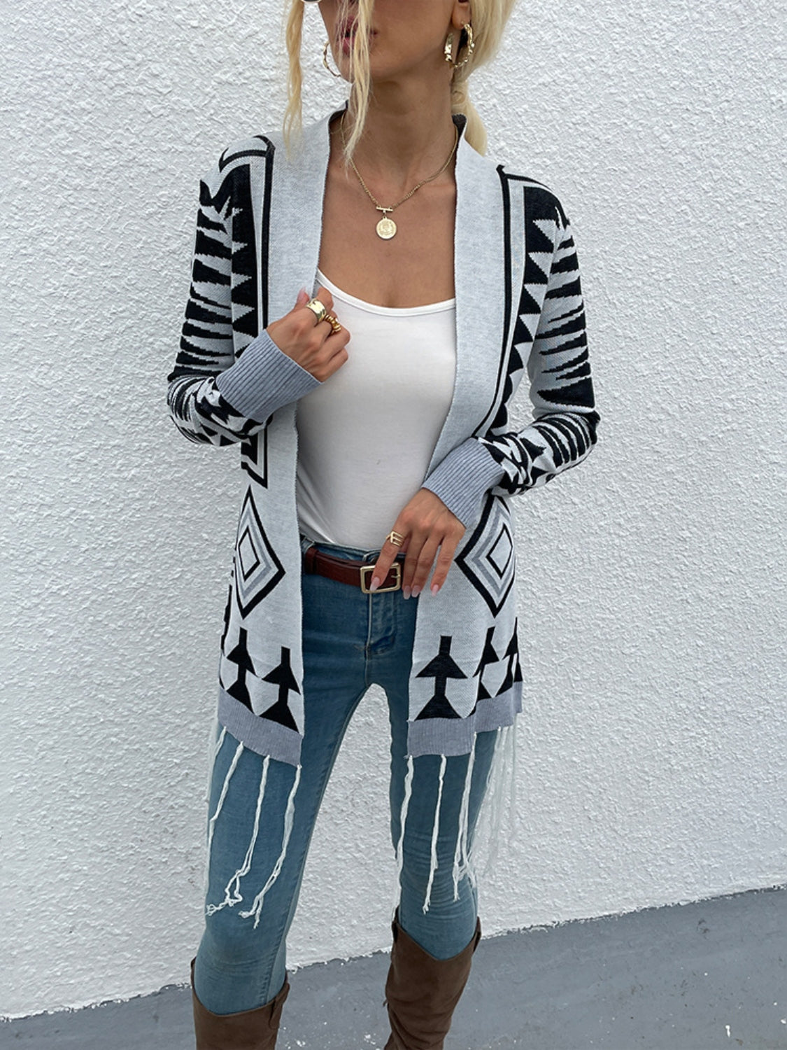 Shiny Geometric Fringe Hem Open Front Cardigan