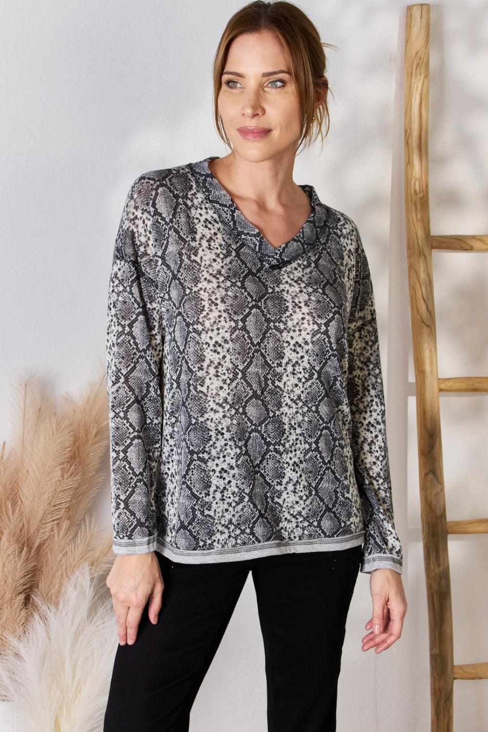 Hailey & Co Full Size Snakeskin V-Neck Long Sleeve Top