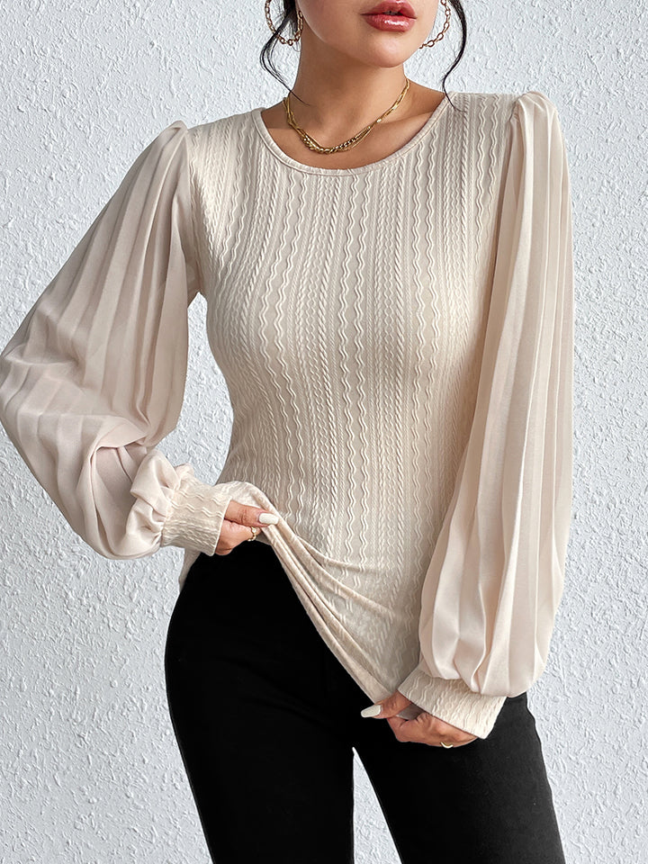 Honey Pleated Puff Sleeve Round Neck Blouse