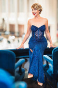 Embellished Strapless Gown with Slit