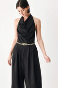 MIDNIGHT POISE BLACK HALTER BELTED WIDE-LEG JUMPSUIT