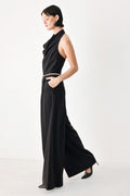 MIDNIGHT POISE BLACK HALTER BELTED WIDE-LEG JUMPSUIT