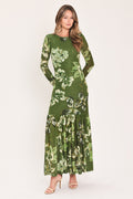 ENCHANTED GROVE MOSS GREEN PRINTED MESH ANKLE DRESS