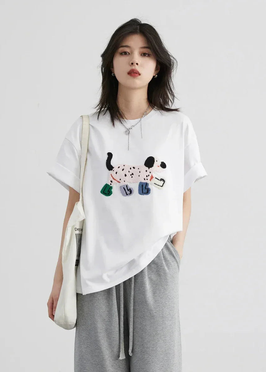 Dog Embroidered Cotton T-Shirt Loose Summer Streetwear