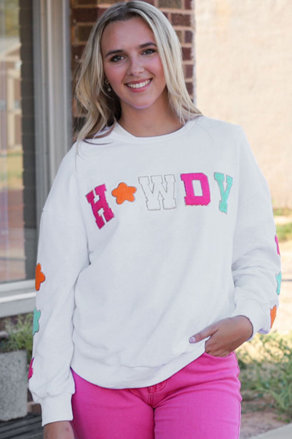 HOWDY Patch Graphic Round Neck Sweatshirt