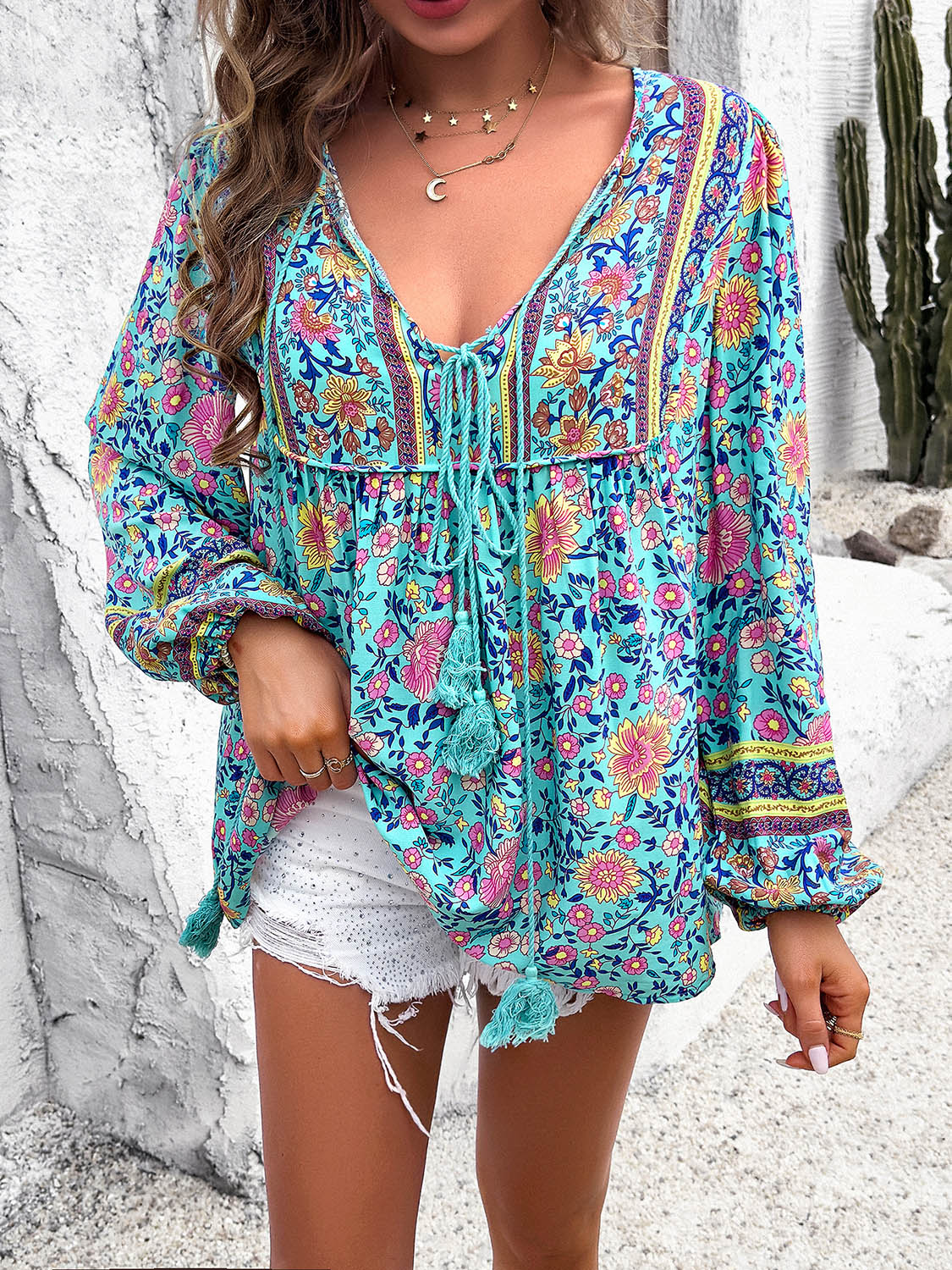 Devine Printed Tie Neck Long Sleeve Blouse