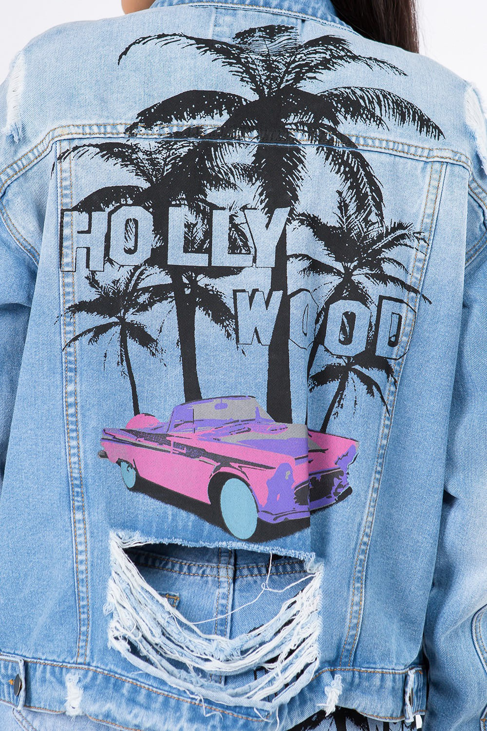 American Bazi Graphic Distressed Long Sleeve Denim Jacket