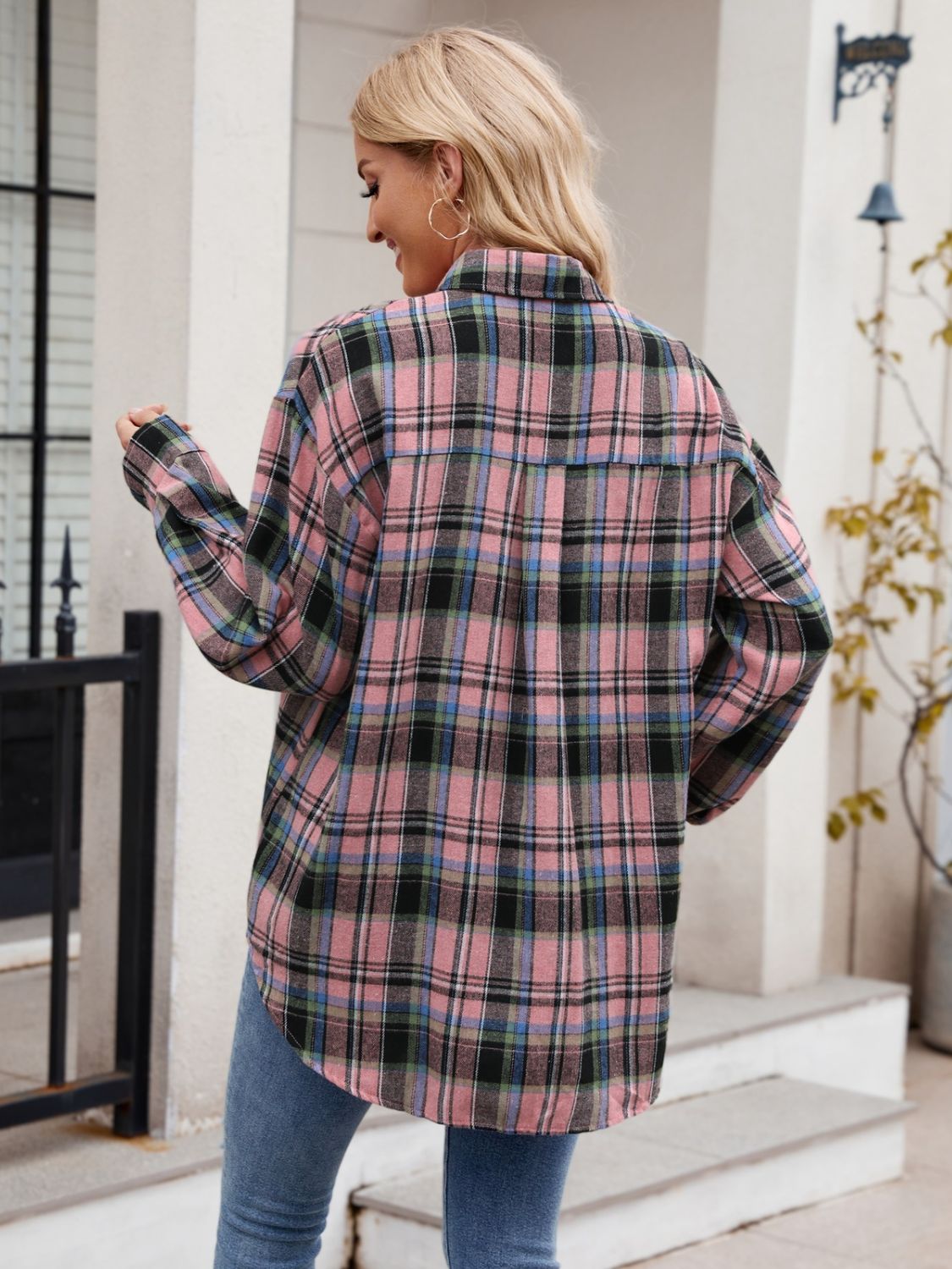 Mandy Pocketed Plaid Collared Neck Long Sleeve Shirt