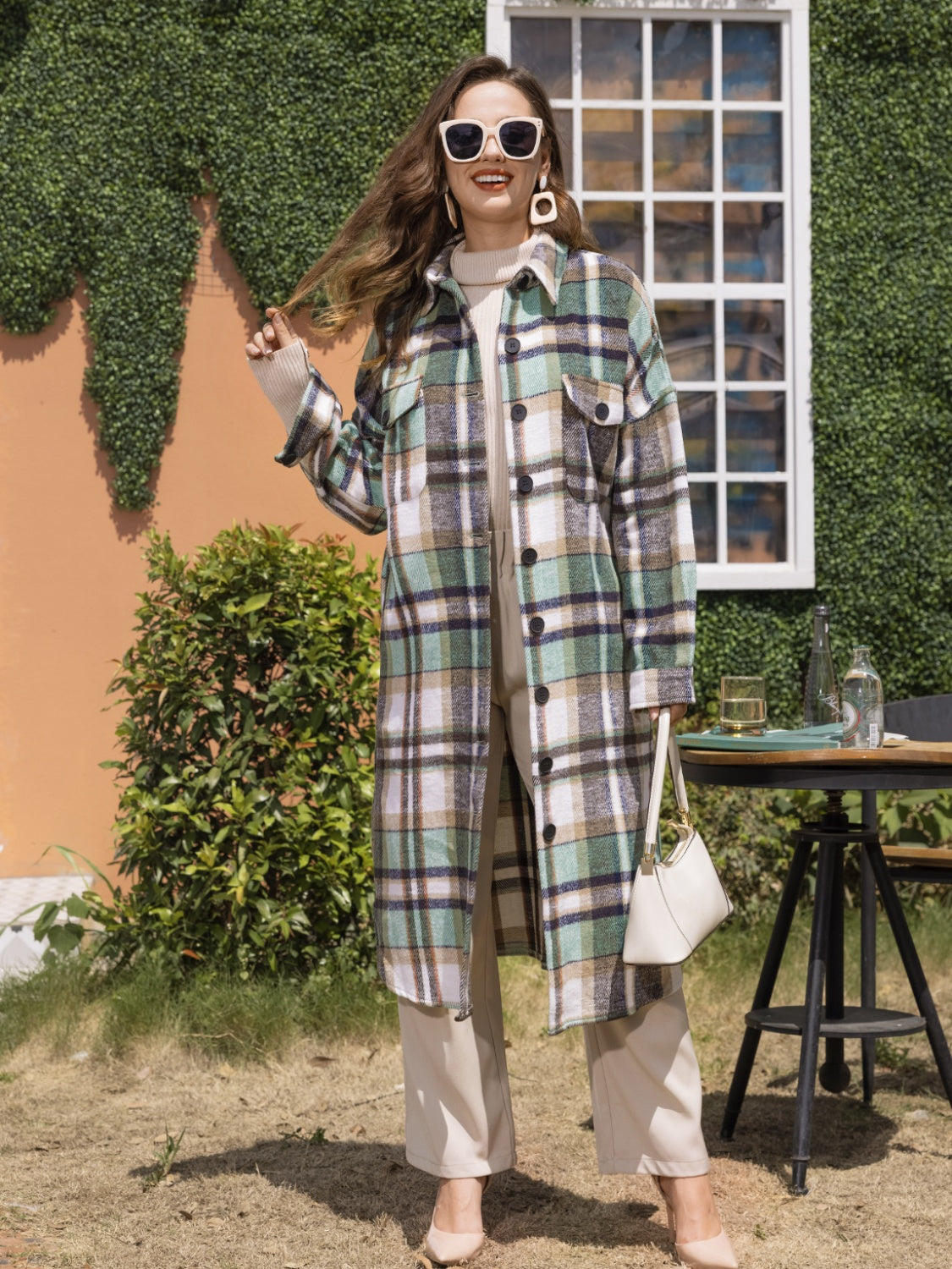 MeiMei Plaid Button Up Dropped Shoulder Coat