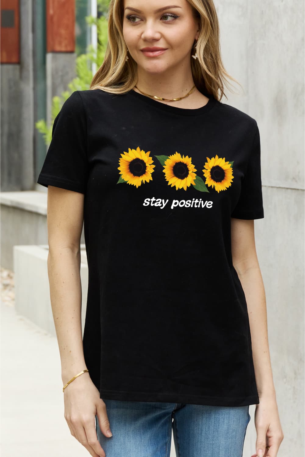 Simply Love Full Size STAY POSITIVE Sunflower Graphic Cotton Tee