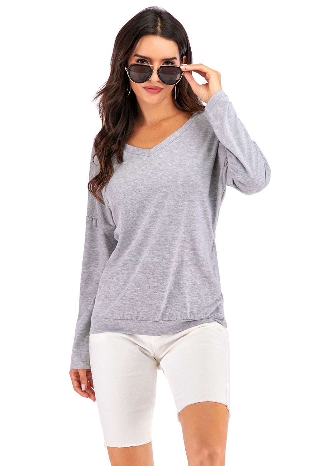 Perfee V-Neck Drop Shoulder Open Back Sweatshirt