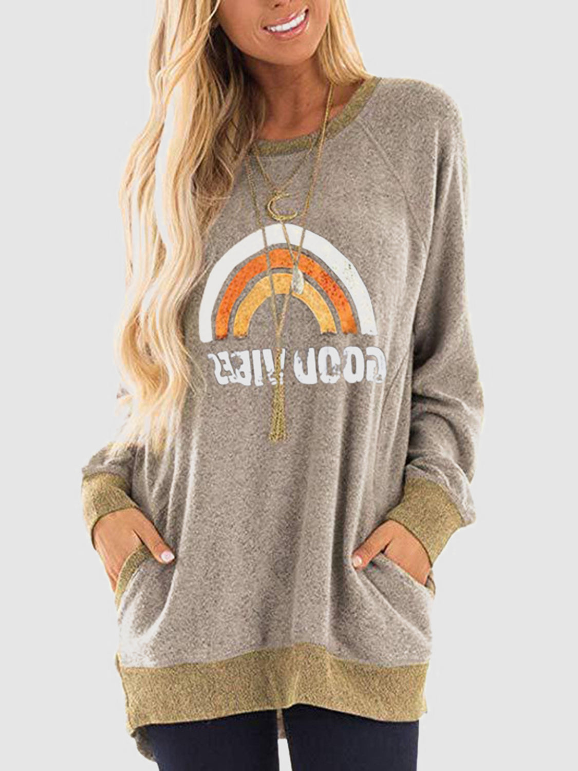 Rainbow Graphic Round Neck Sweatshirt with Pockets