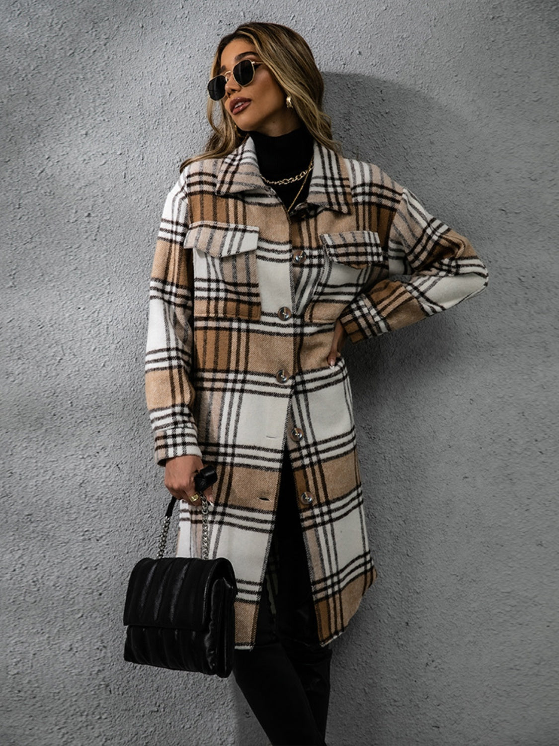 Plaid Collared Neck Long Sleeve Coat