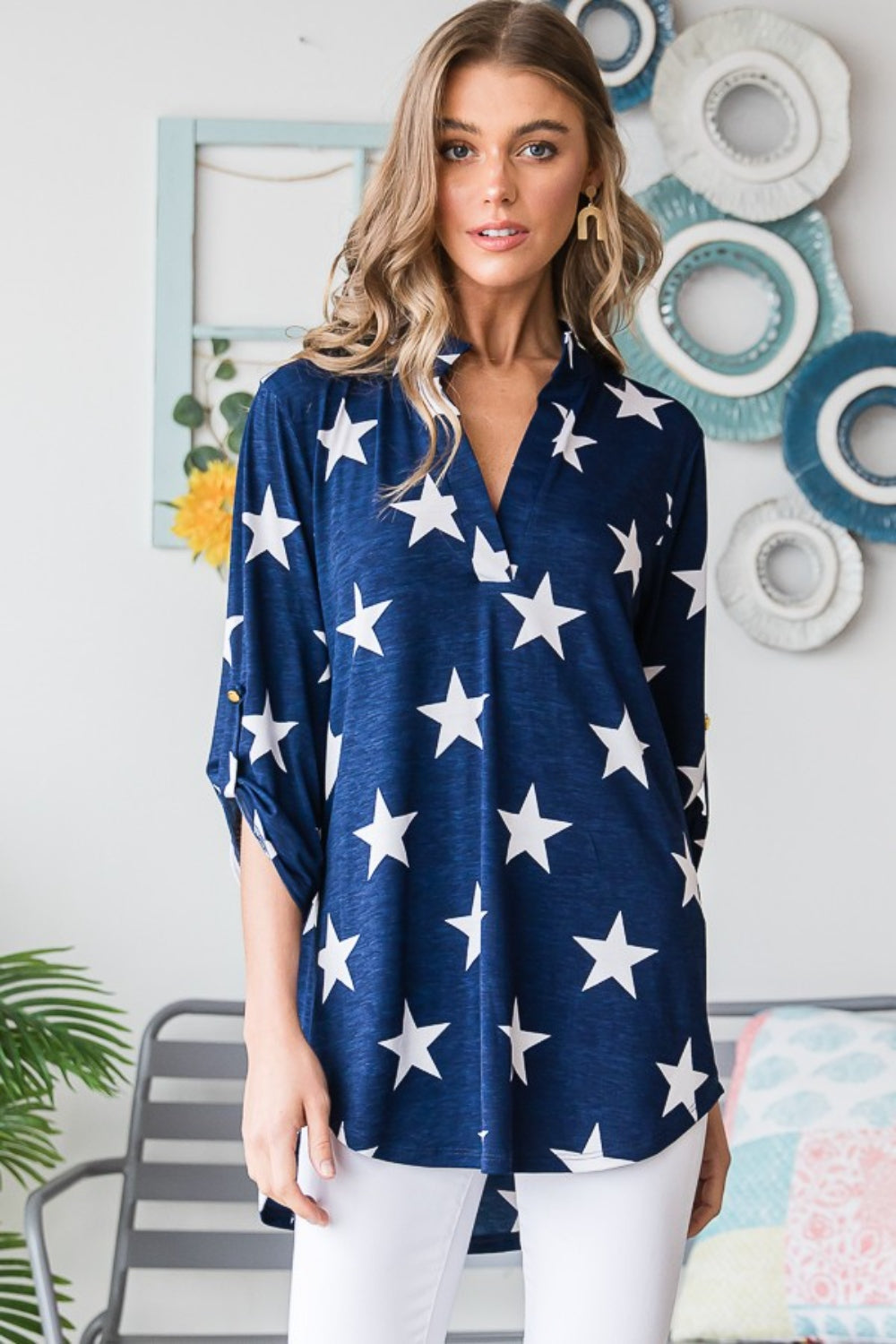 Heimish Full Size Roll-Tab Sleeve Star Print Top