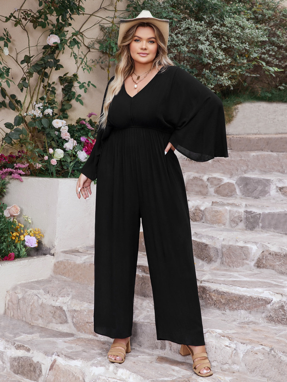 Plus Size V-Neck Long Sleeve Wide Leg Jumpsuit