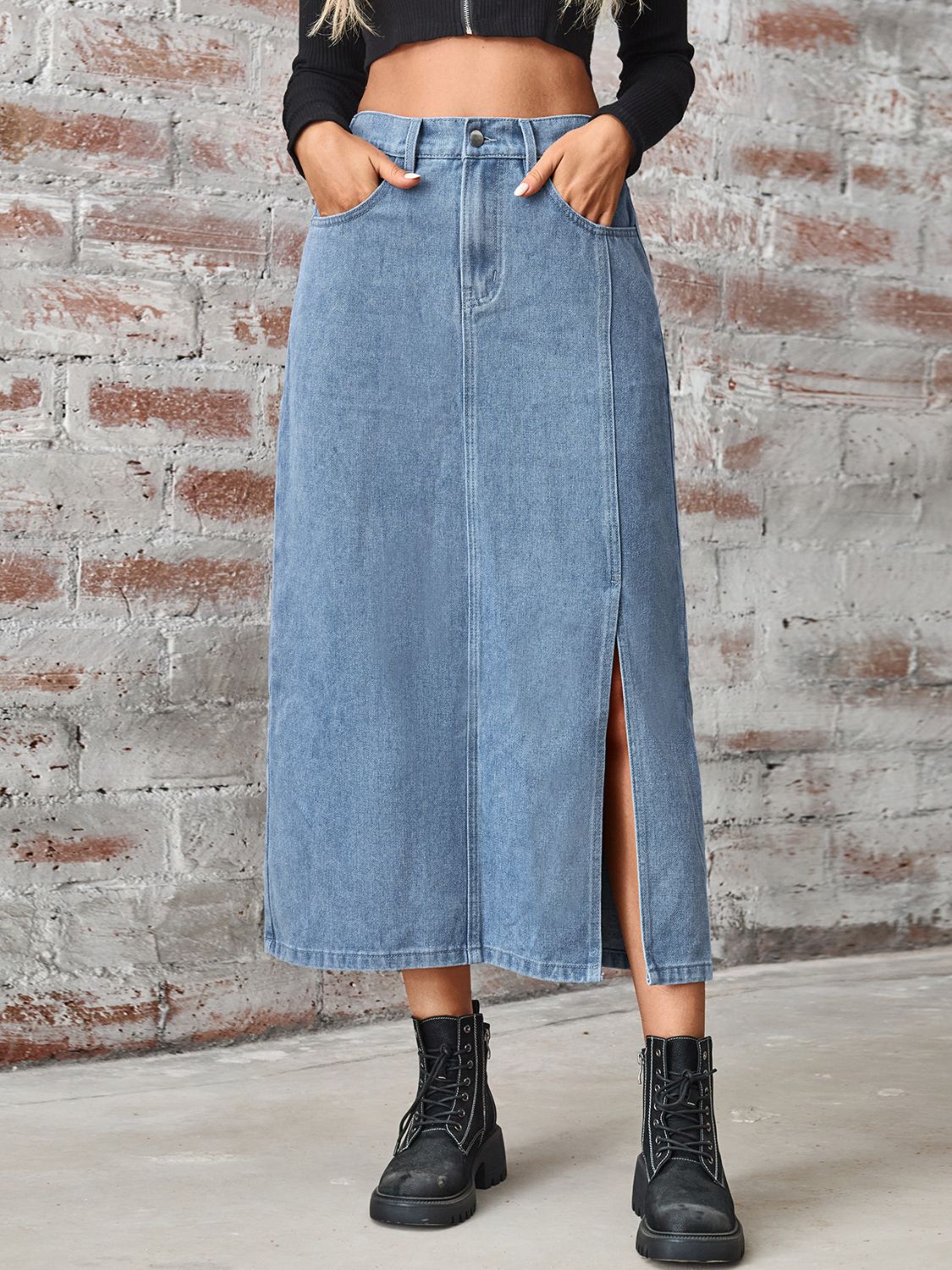 Slit High Waist Denim Skirt with Pockets