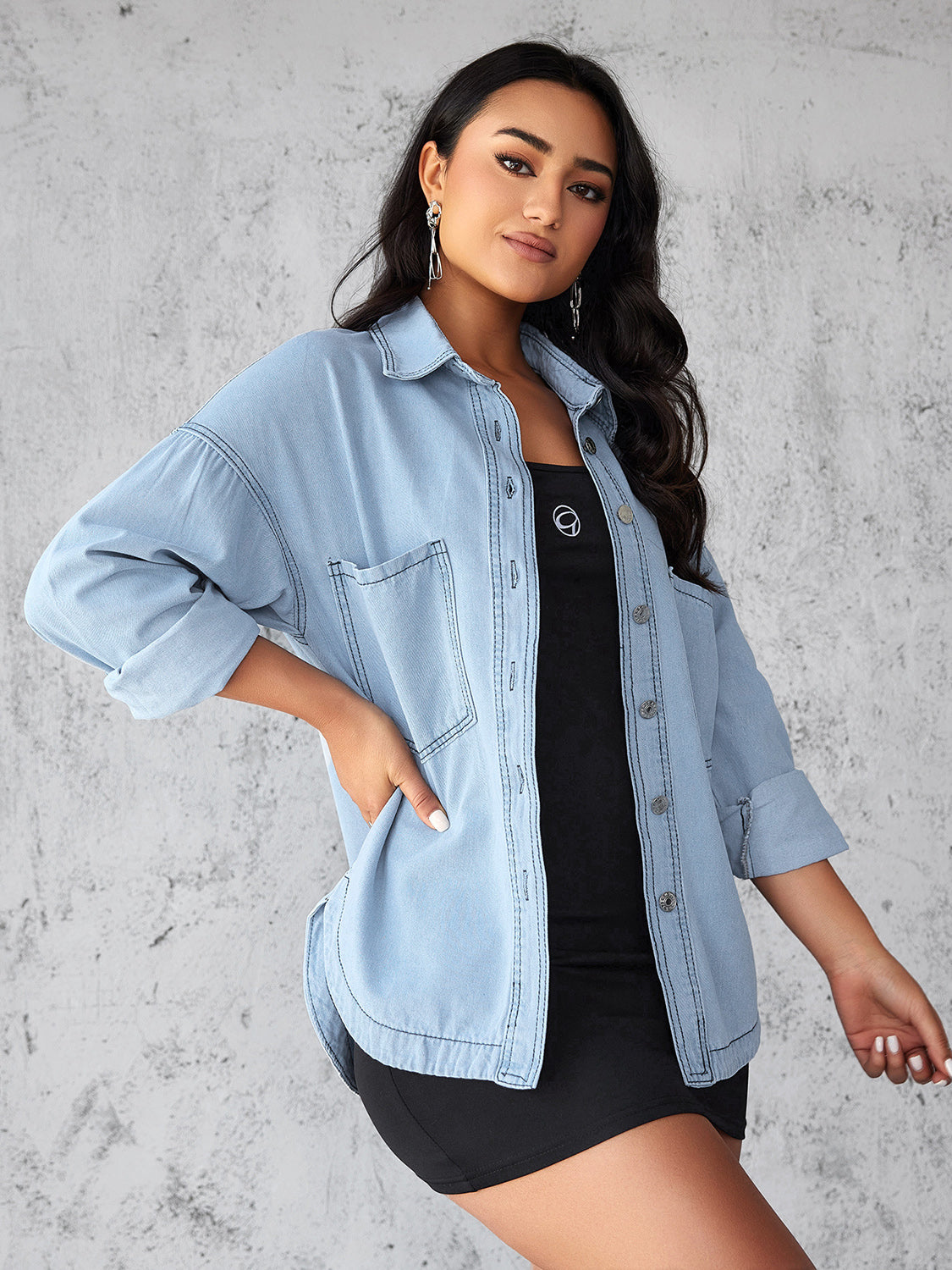 Collared Neck Button Up Long Sleeve Denim Shirt