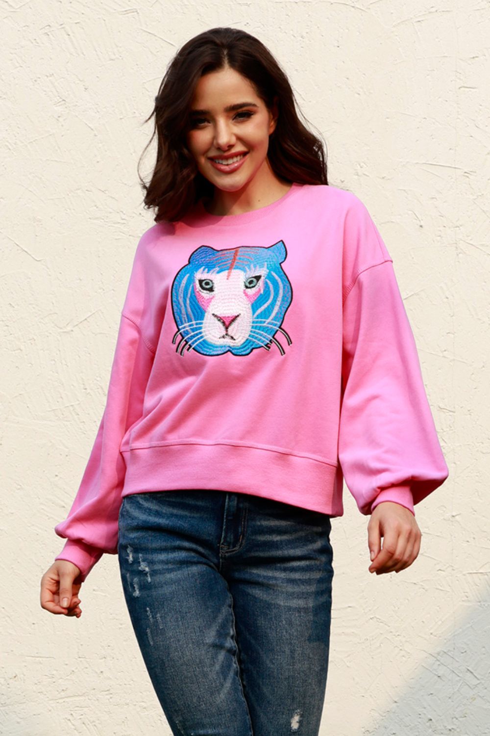 Tiger Embroidered Drop Shoulder Sweatshirt