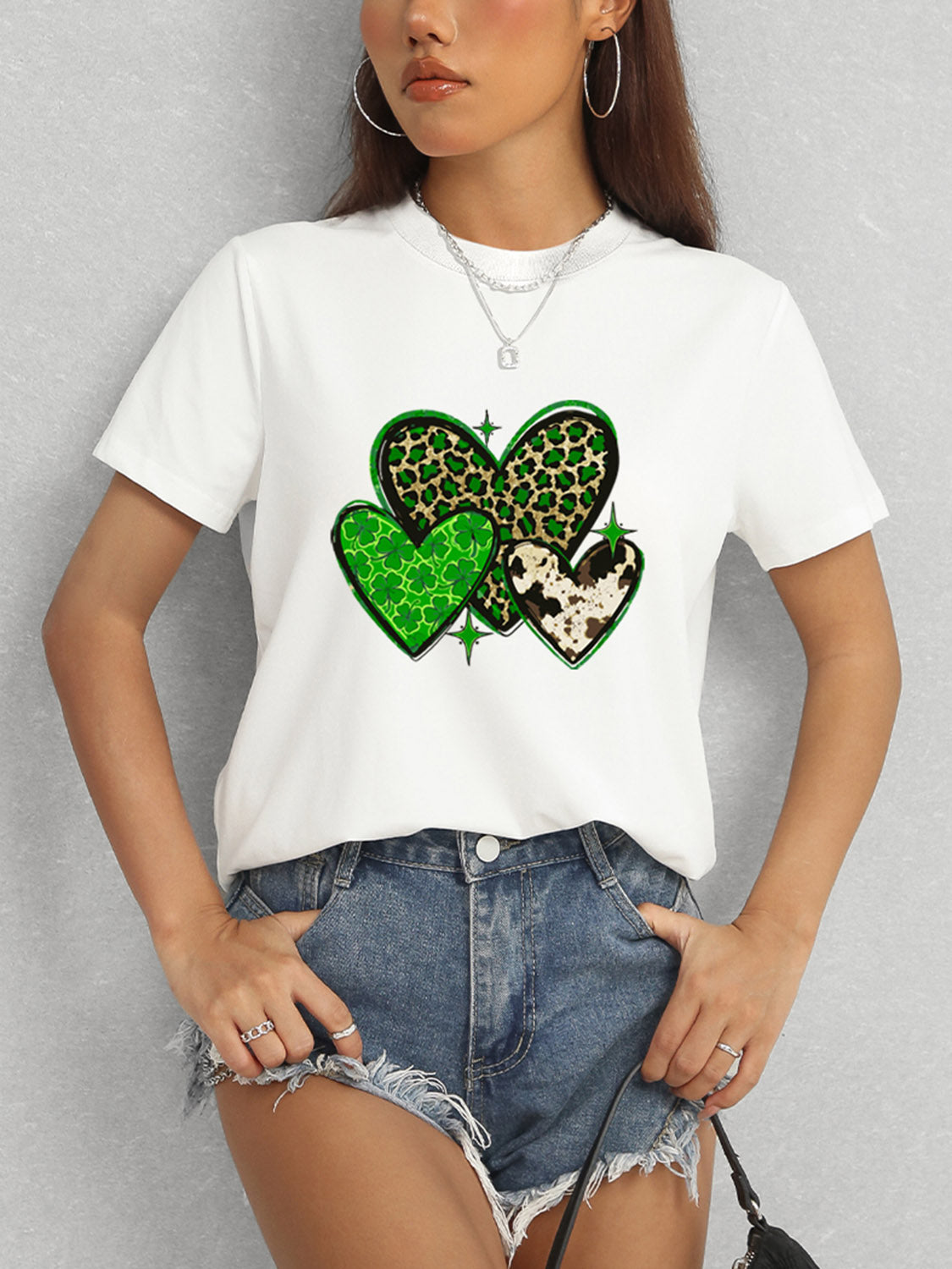 Heart Round Neck Short Sleeve T-Shirt