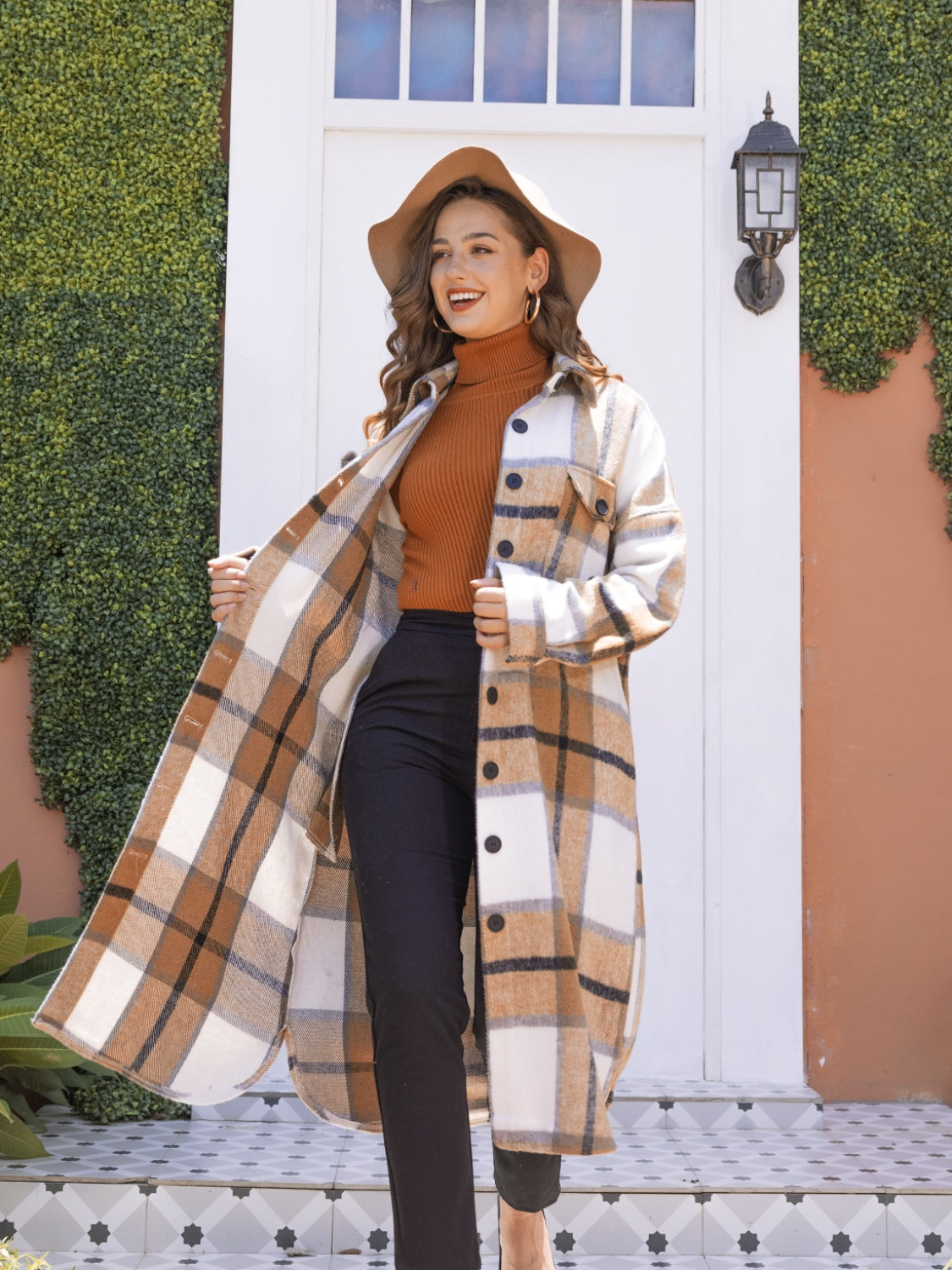 MeiMei Plaid Button Up Dropped Shoulder Coat