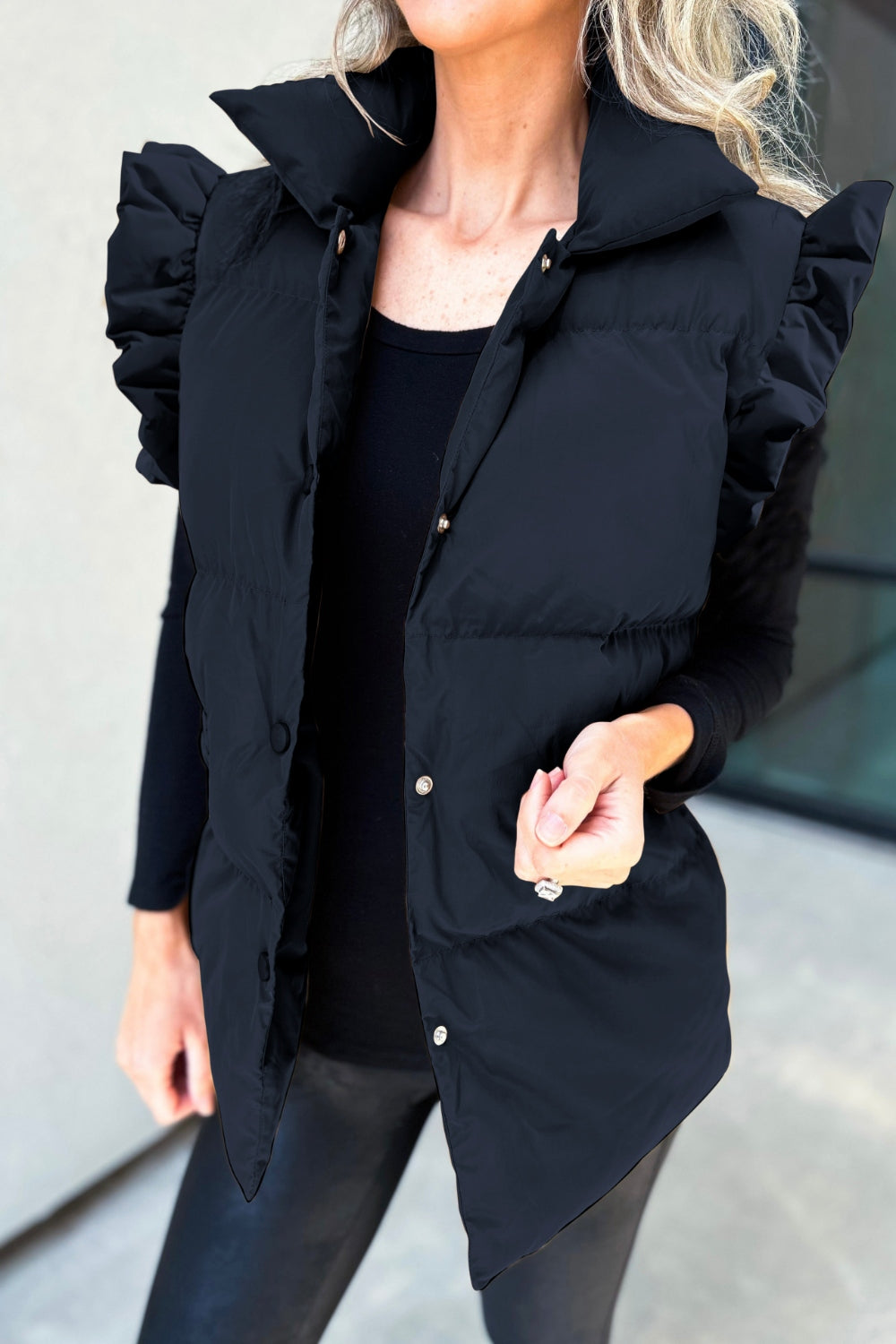 MeiMei Ruffled Snap Down Mock Neck Vest Coat