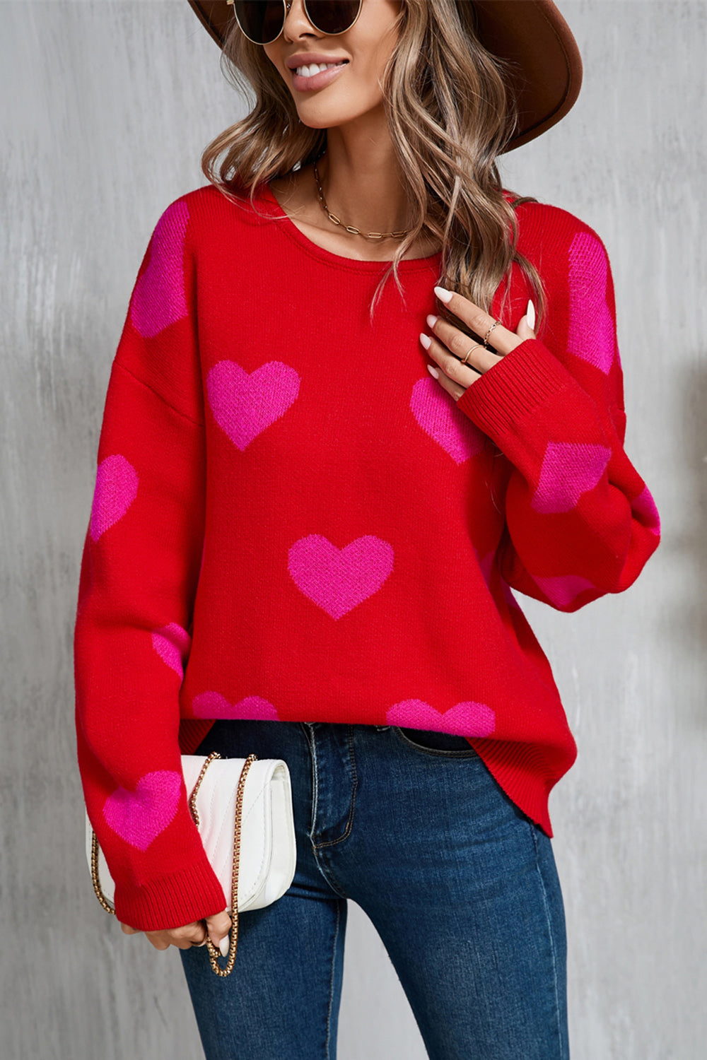 Angel Wings Heart Round Neck Dropped Shoulder Sweater