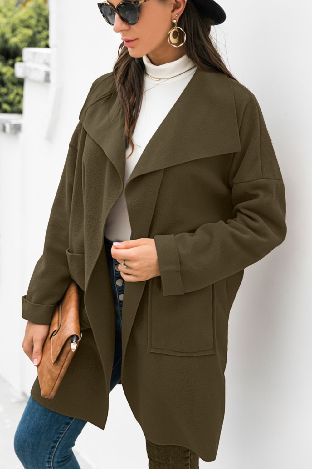 Waterfall Collar Brushed Longline Coat with Pockets