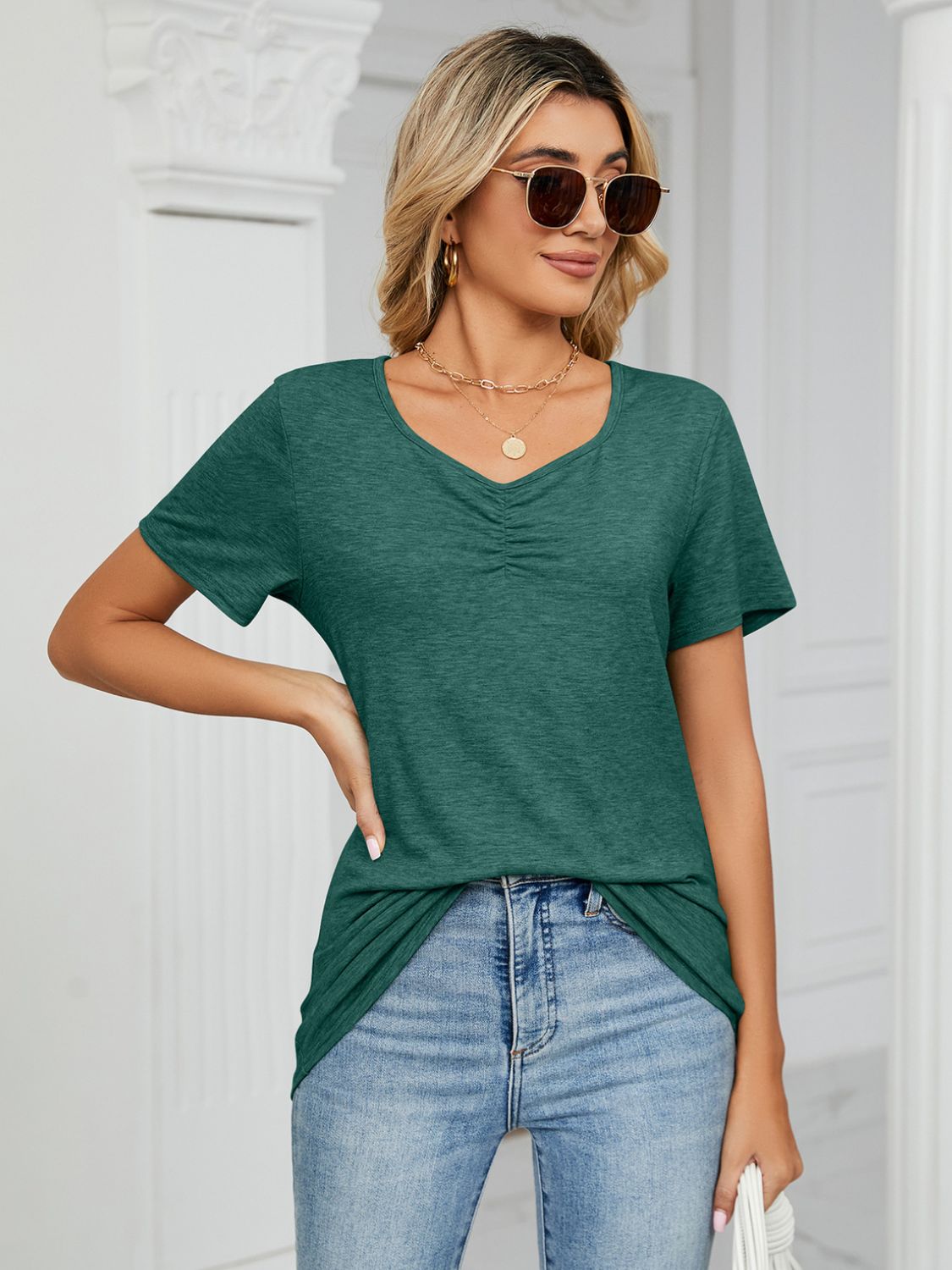 Ruched V-Neck Short Sleeve T-Shirt