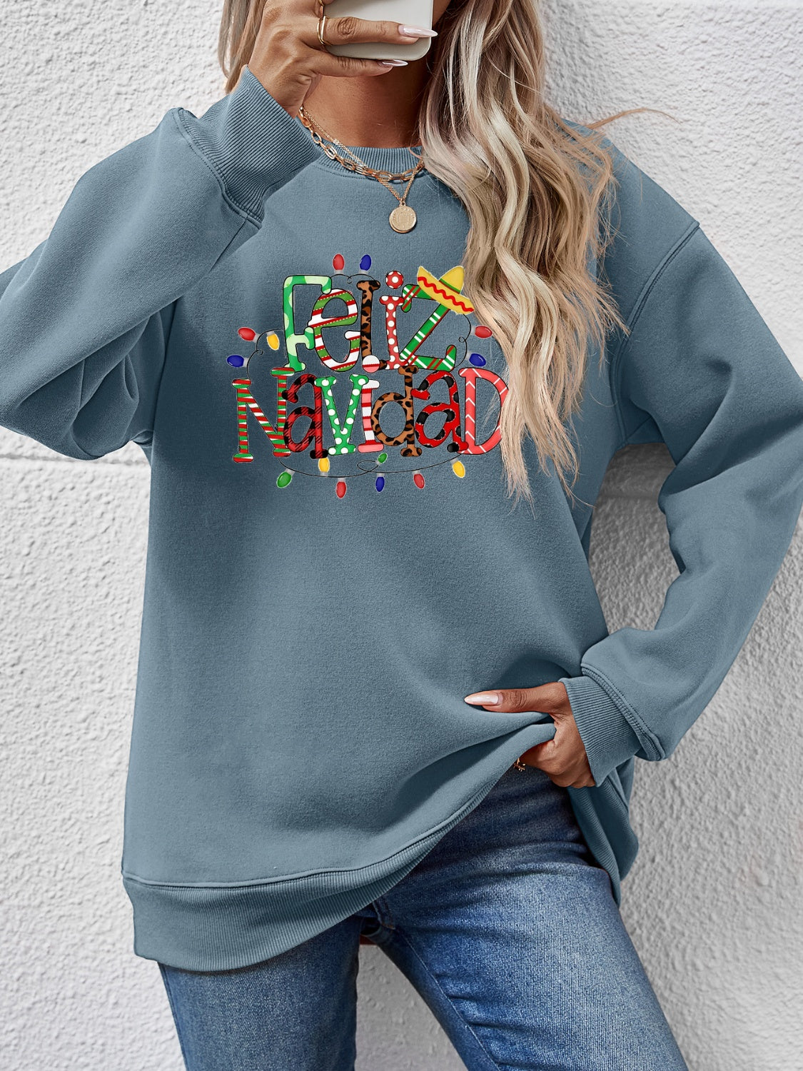 FELIZ NAVIDAD Round Neck Drop Shoulder Sweatshirt