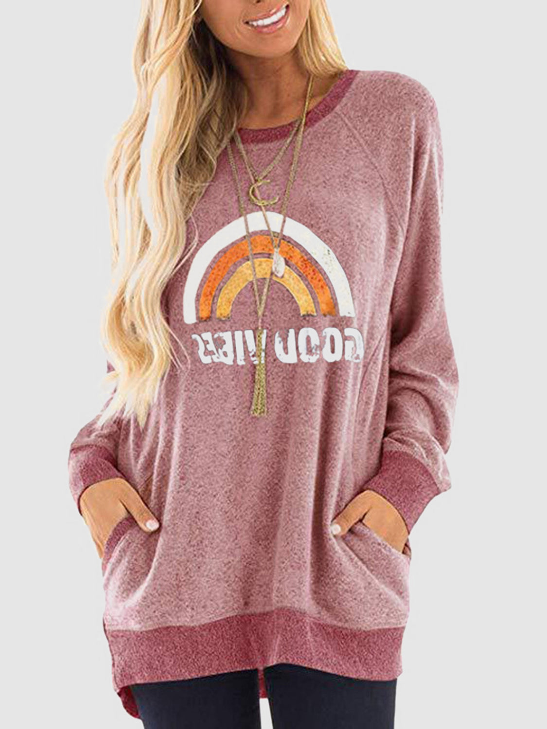 Rainbow Graphic Round Neck Sweatshirt with Pockets