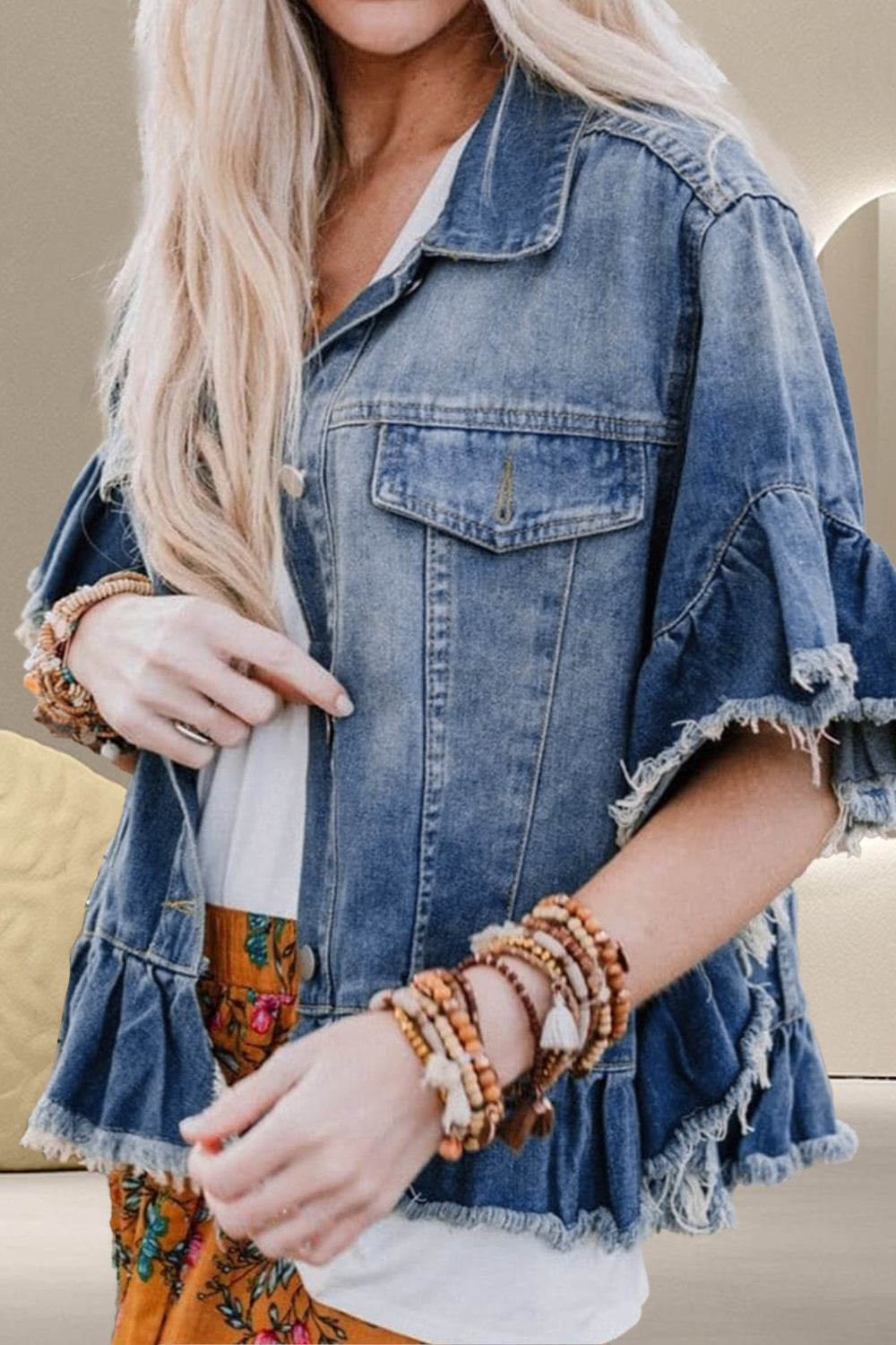 Ruffled Raw Hem Half Sleeve Denim Top