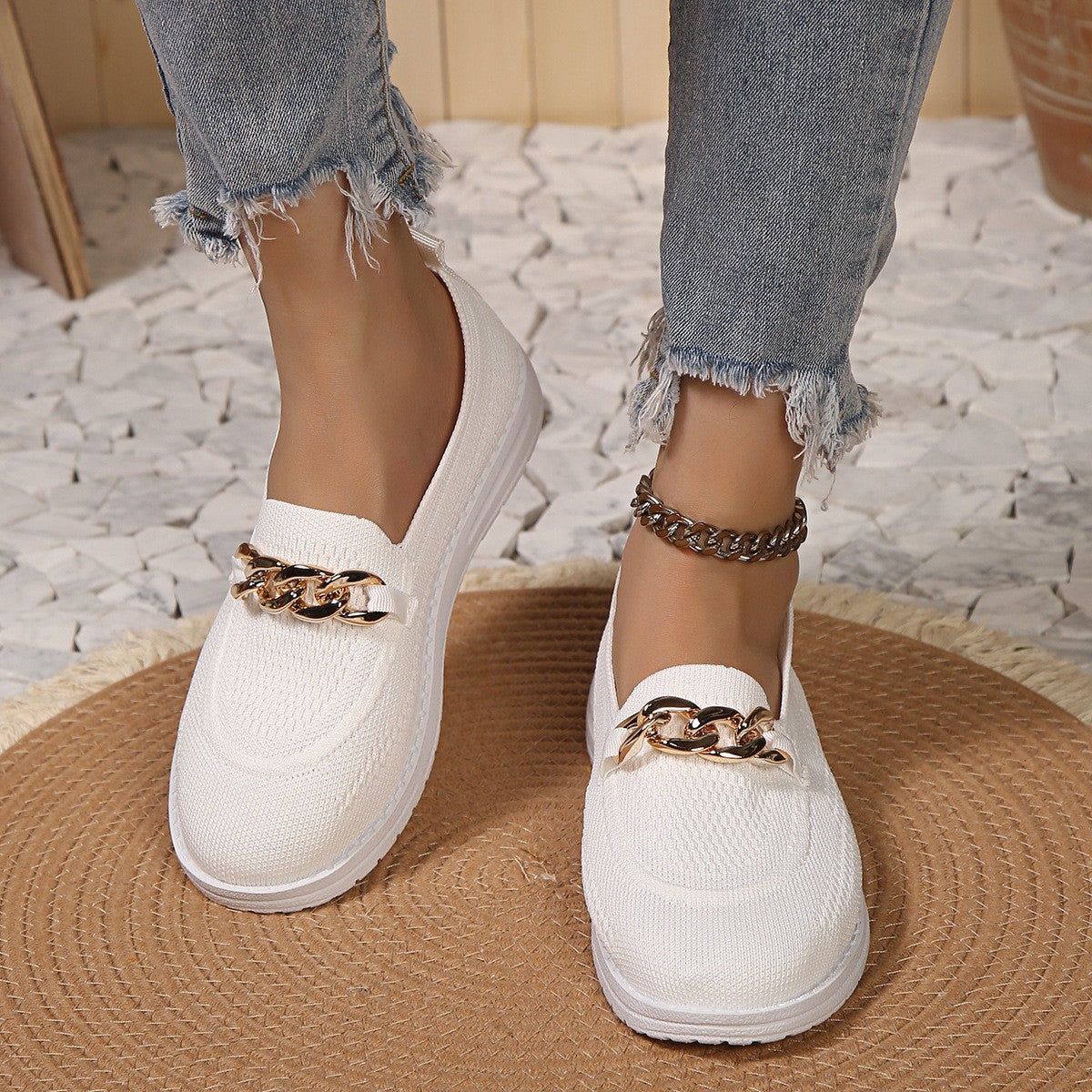 Chain Trim Round Toe Slip-Ons