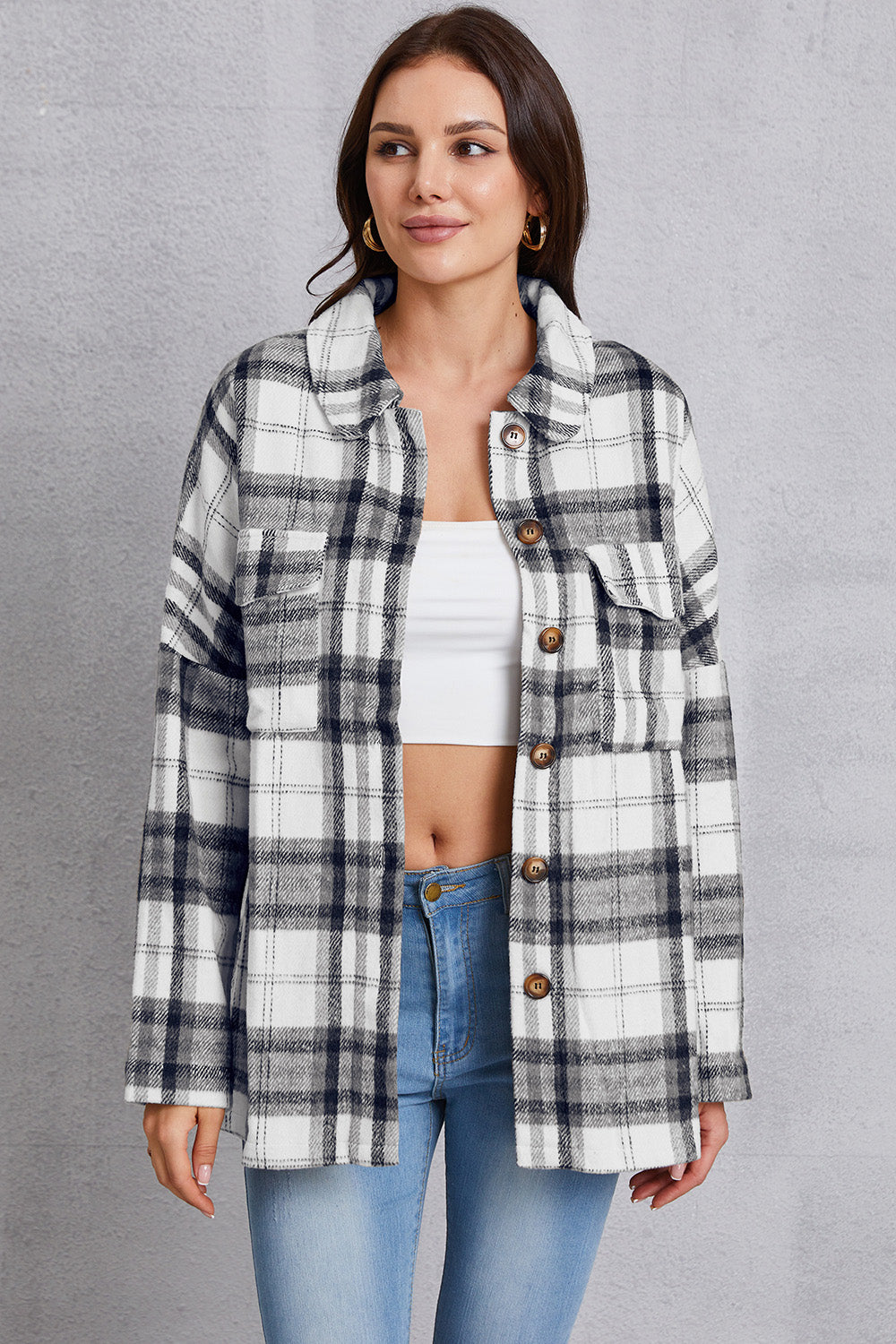 MeiMei Plaid Button Up Dropped Shoulder Outerwear