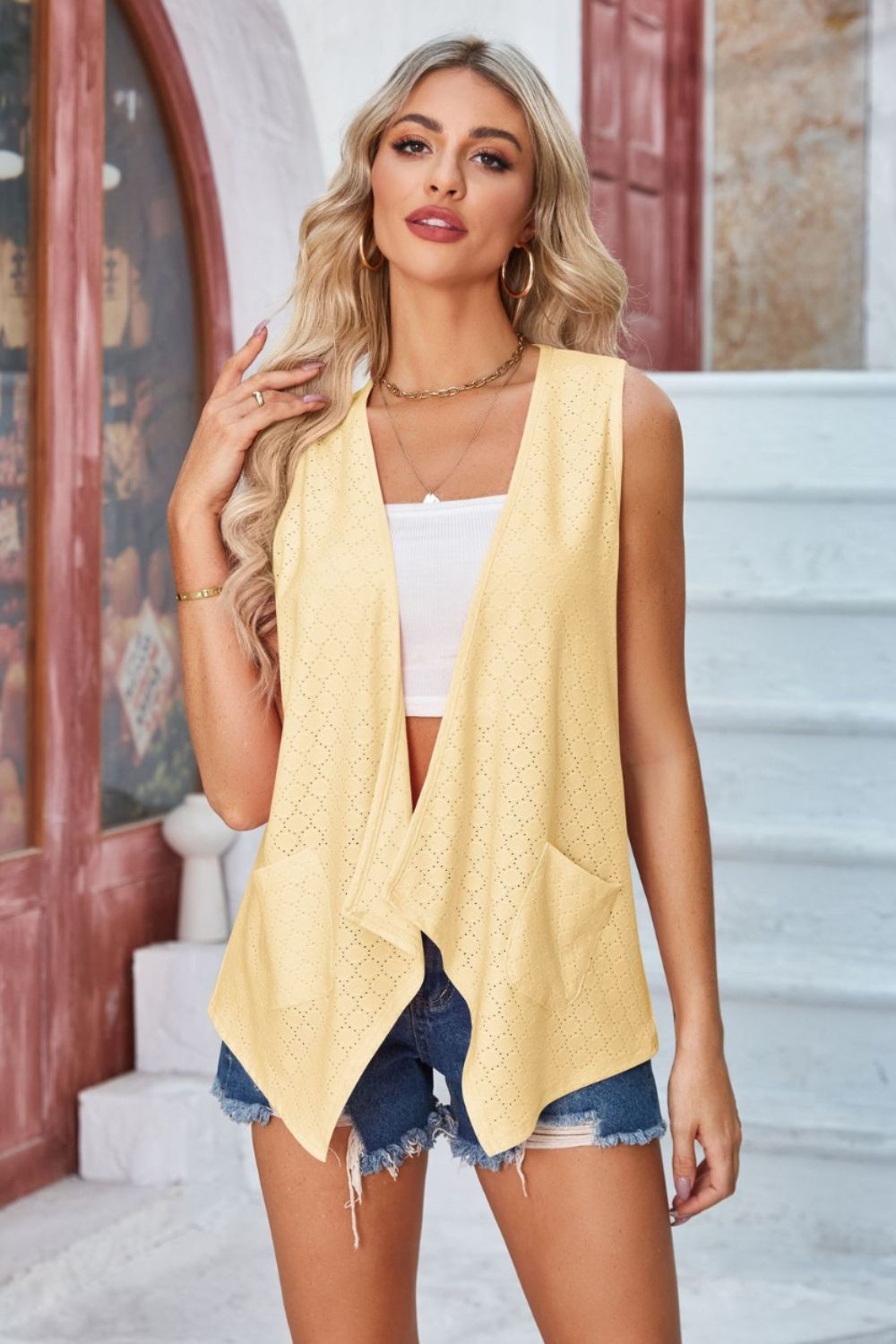 Eyelet Open Front Sleeveless Cardigan