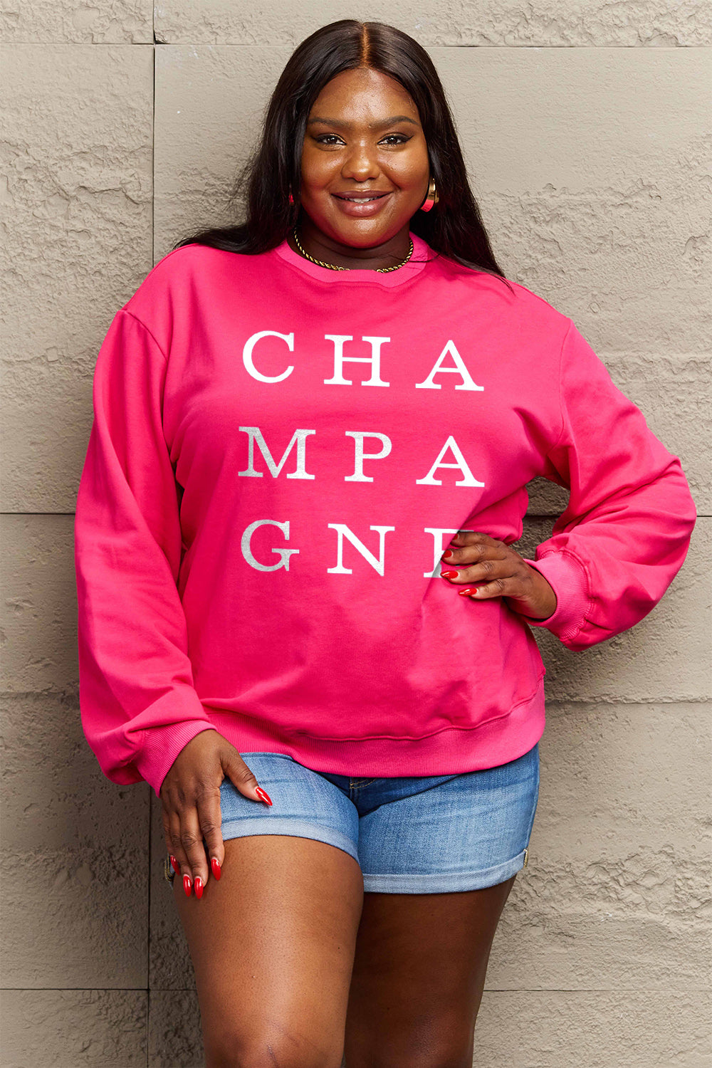 Simply Love Full Size CHAMPAGNE Graphic Long Sleeve Sweatshirt