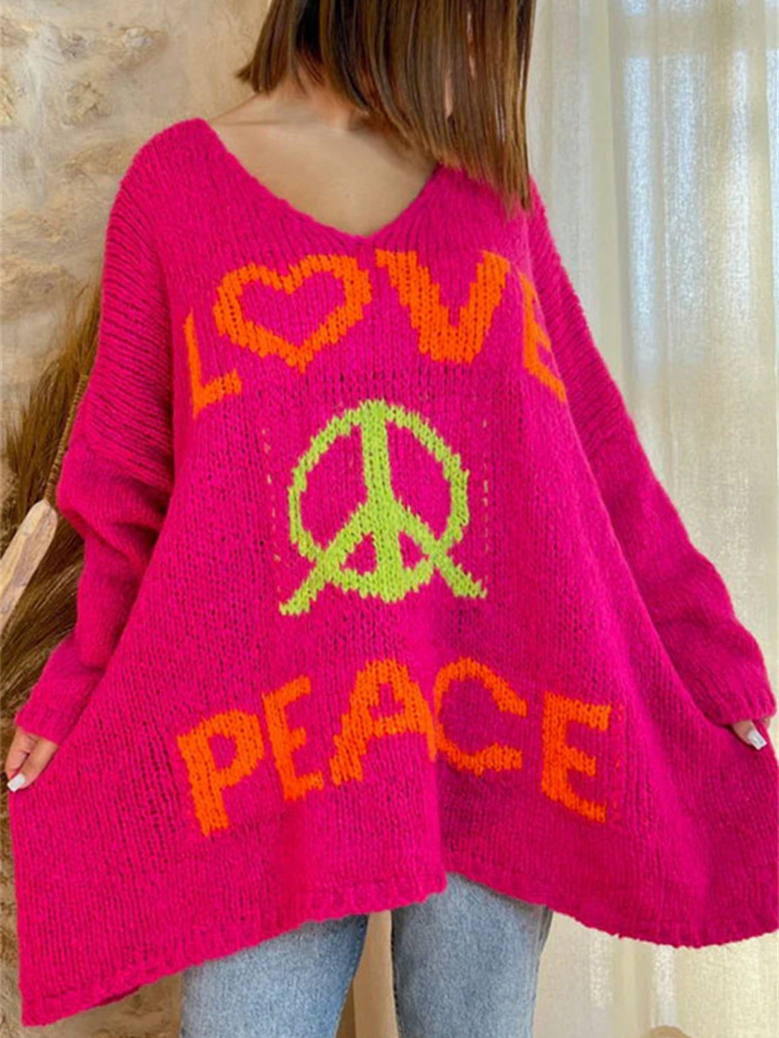 Peace Graphic V-Neck Long Sleeve Sweater