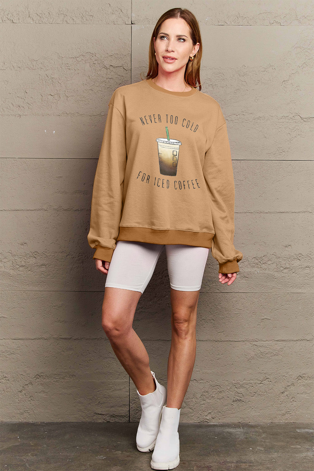 Simply Love Full Size NEVER TOO COLD FOR ICED COFFEE Round Neck Sweatshirt