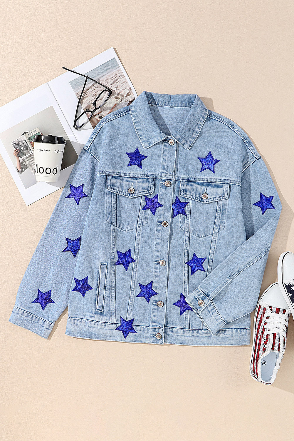 Pocketed Geometric Collared Neck Denim Jacket