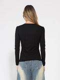 Gracia Fashion Women's Contrast Color Asymmetrical Detail Long Sleeve Top