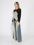 Gracia Fashion Women's Contrast Color Asymmetrical Detail Long Sleeve Top