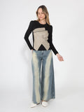 Gracia Fashion Women's Contrast Color Asymmetrical Detail Long Sleeve Top