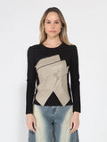 Gracia Fashion Women's Contrast Color Asymmetrical Detail Long Sleeve Top