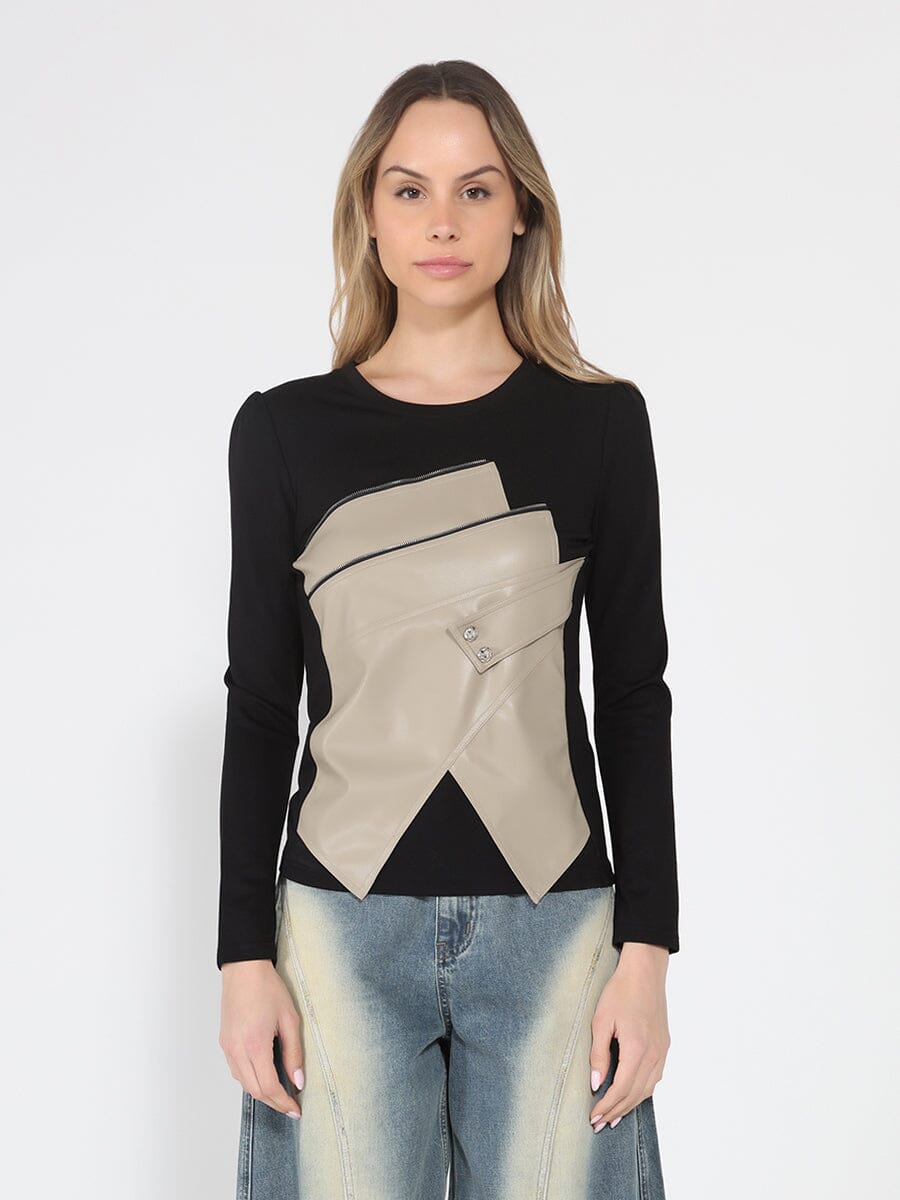 Gracia Fashion Women's Contrast Color Asymmetrical Detail Long Sleeve Top