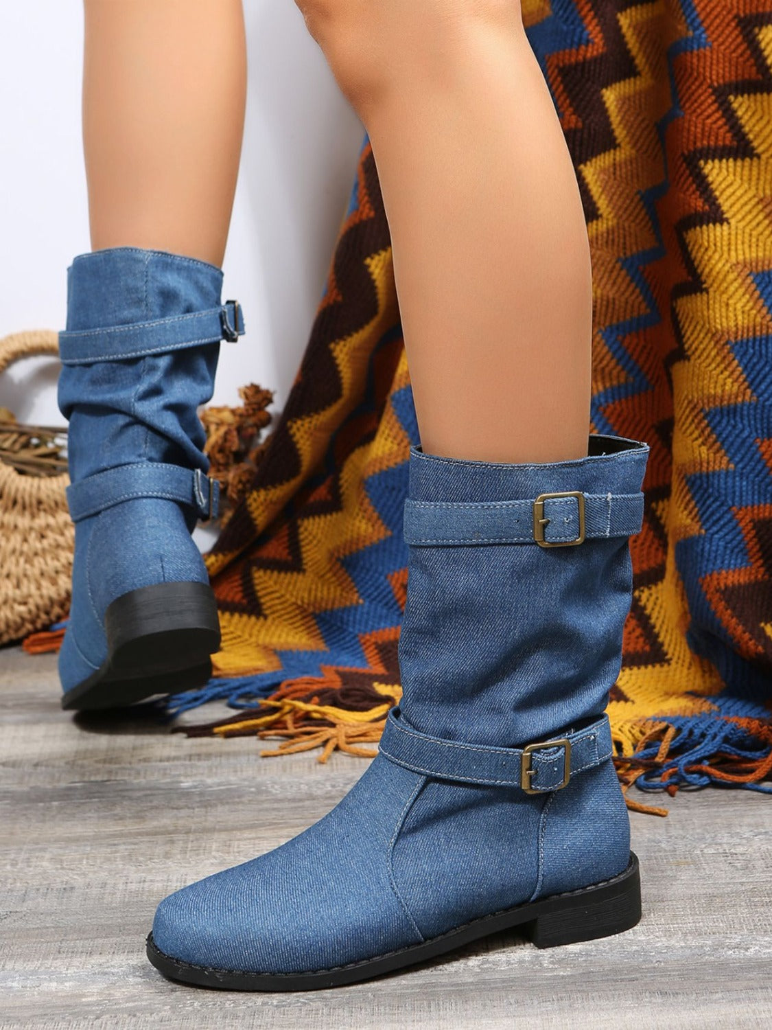 Double Buckle Block Heel Boots