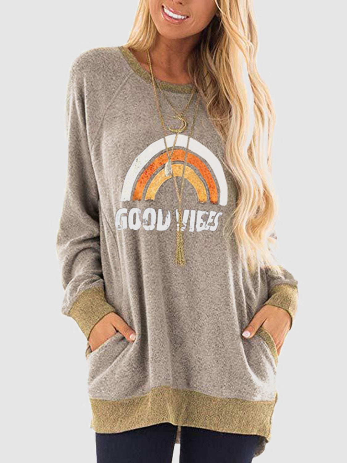 Rainbow Graphic Round Neck Sweatshirt with Pockets